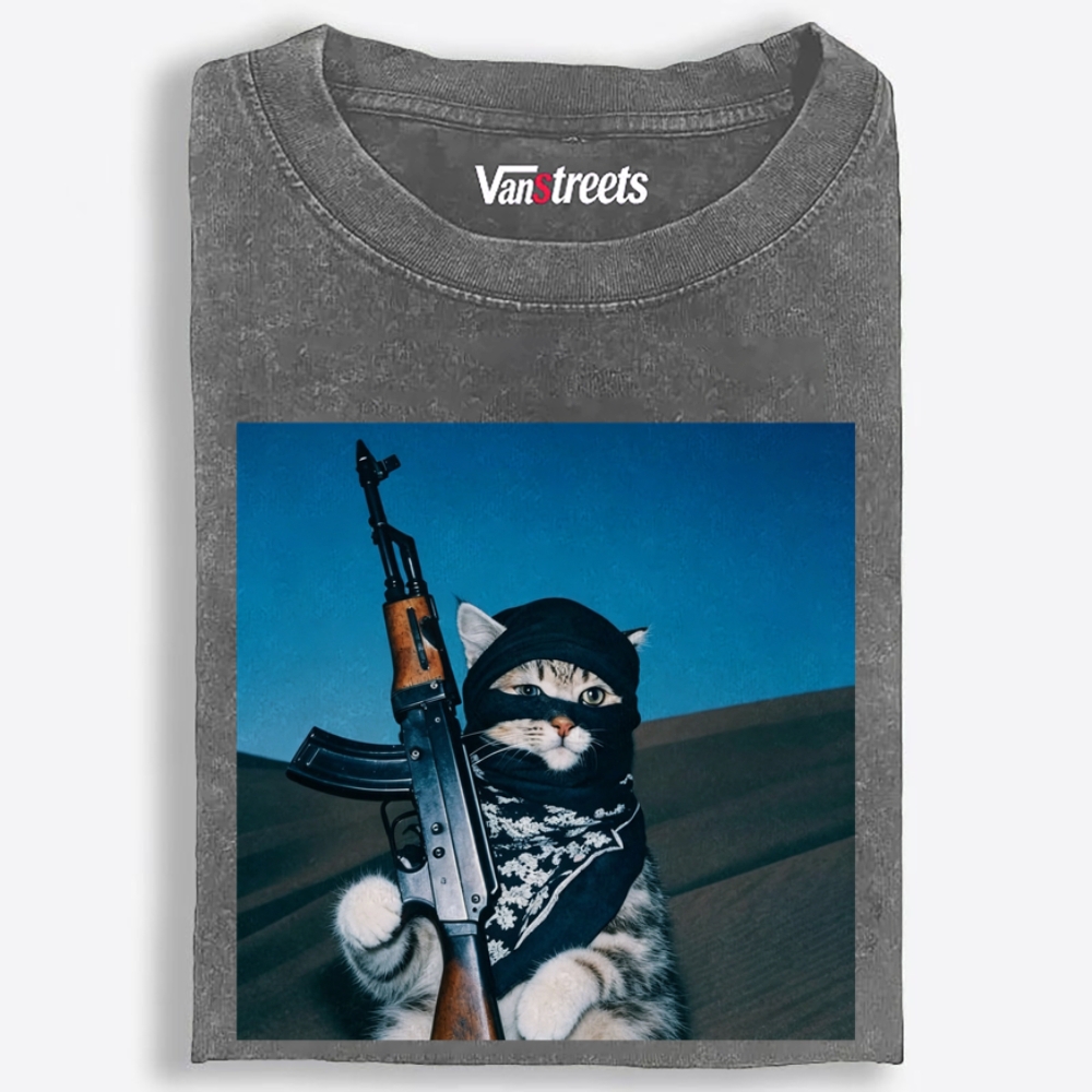 Desert Raider Tabby Cat Print Washed T-Shirt | 100% Cotton | Streetwear Essential
