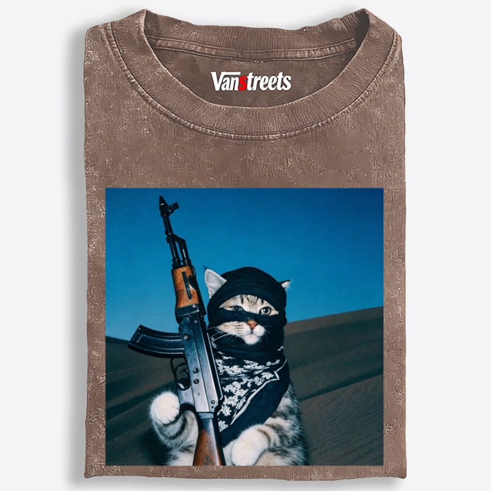 Desert Raider Tabby Cat Print Washed T-Shirt | 100% Cotton | Streetwear Essential