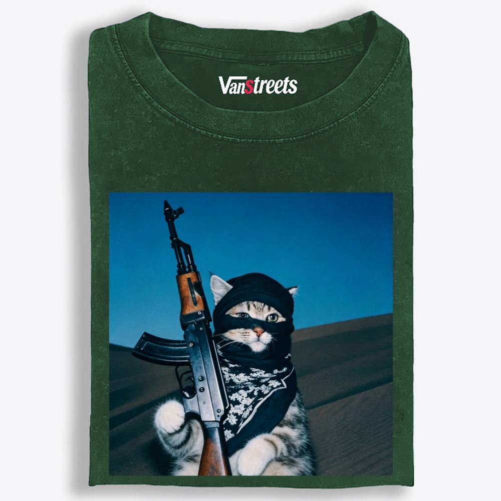 Desert Raider Tabby Cat Print Washed T-Shirt | 100% Cotton | Streetwear Essential