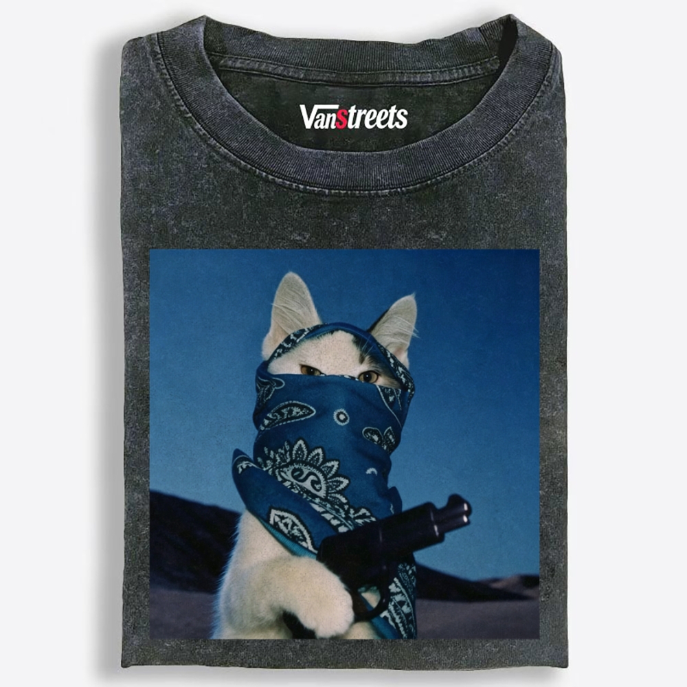 Blue Bandana Cat Graphic Washed T-Shirt | 100% Cotton | Streetwear Essential