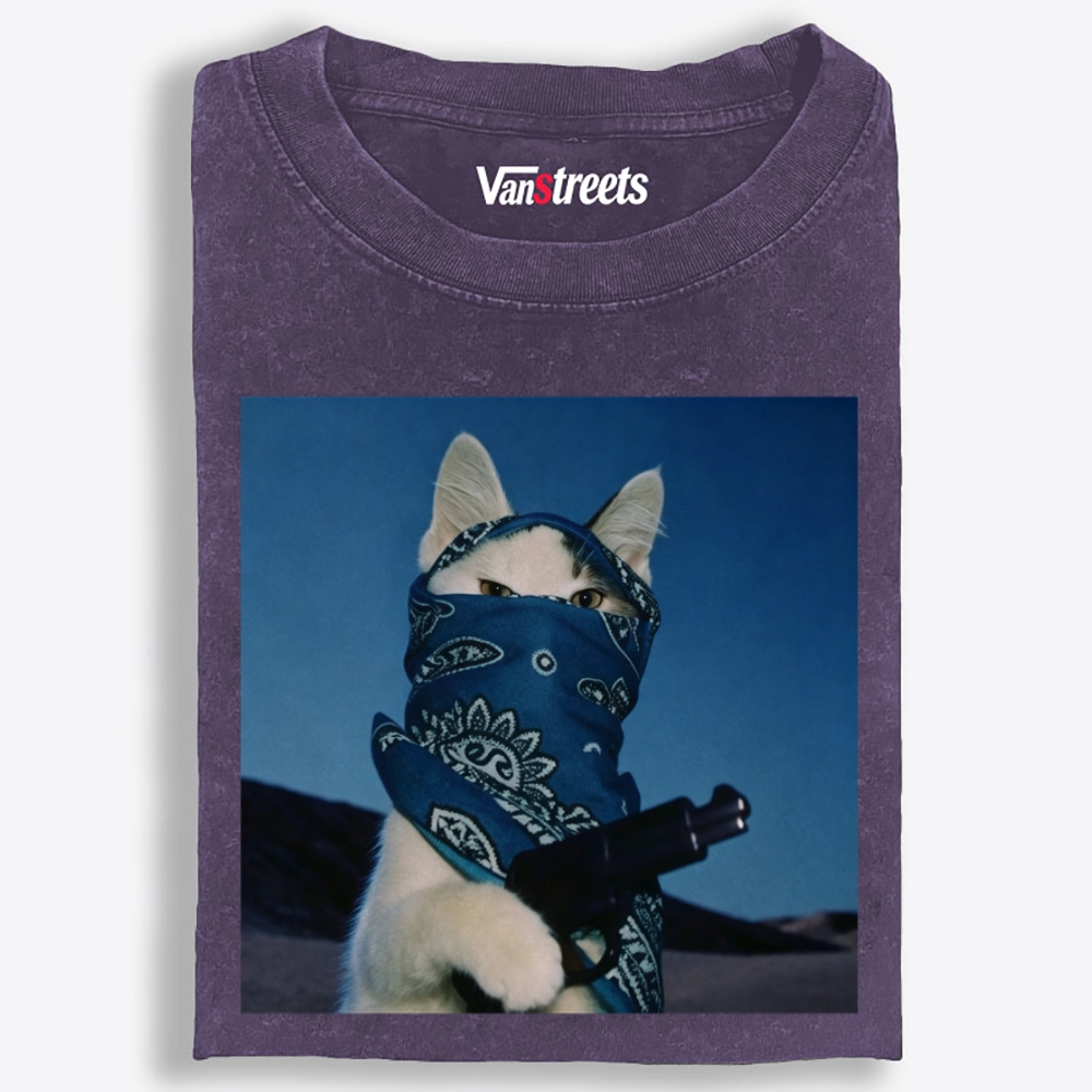 Blue Bandana Cat Graphic Washed T-Shirt | 100% Cotton | Streetwear Essential