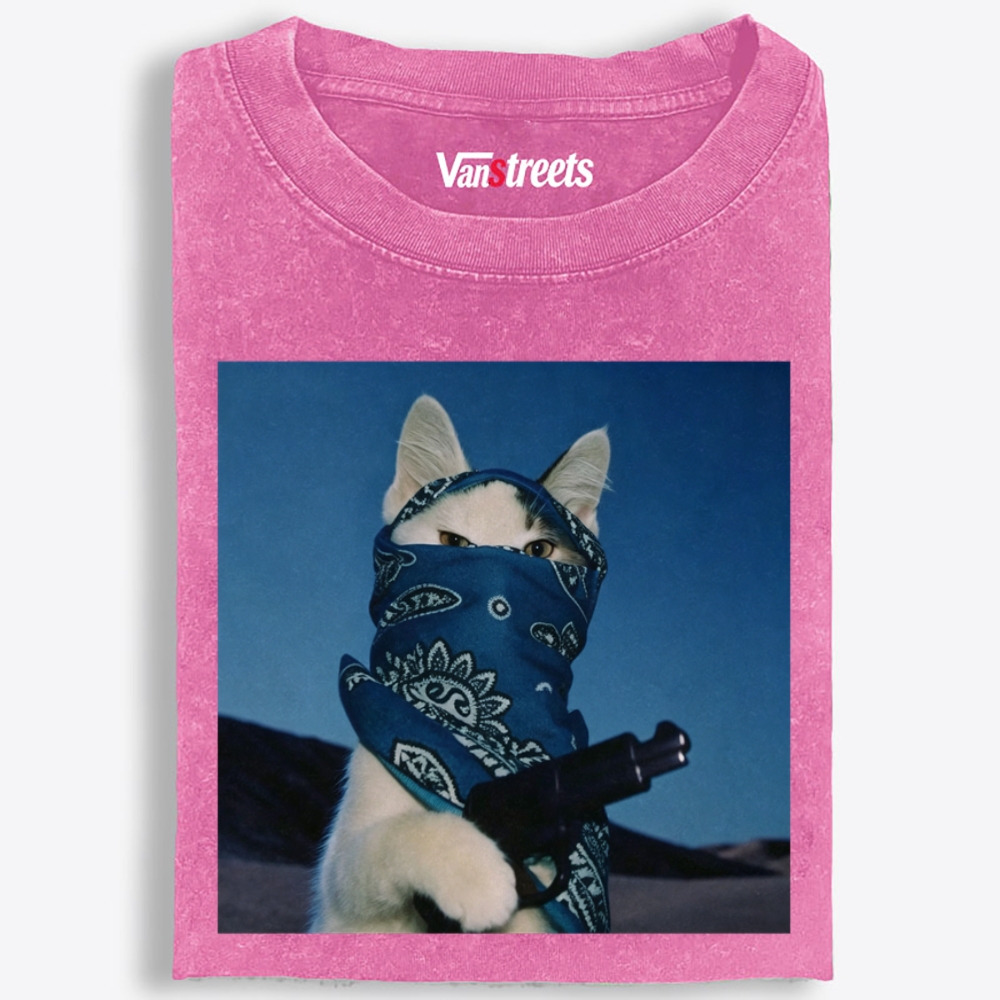 Blue Bandana Cat Graphic Washed T-Shirt | 100% Cotton | Streetwear Essential