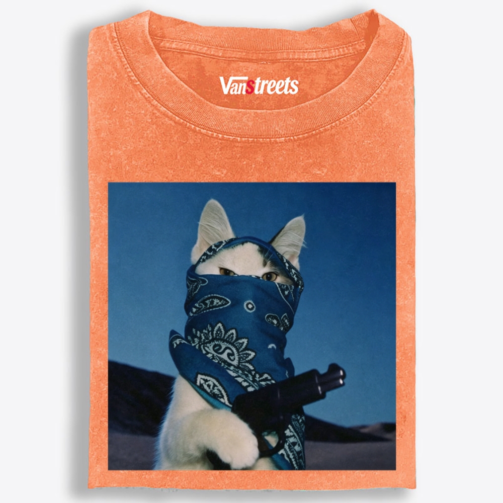 Blue Bandana Cat Graphic Washed T-Shirt | 100% Cotton | Streetwear Essential