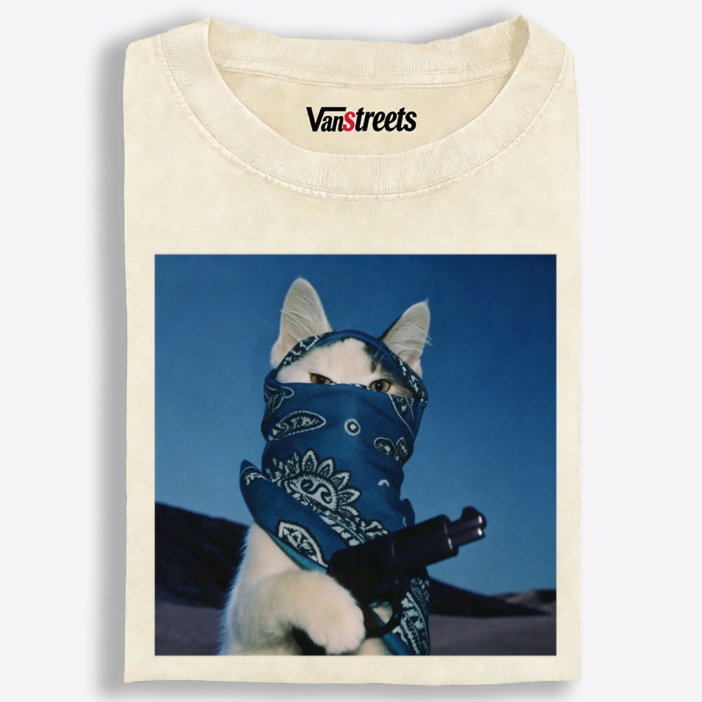 Blue Bandana Cat Graphic Washed T-Shirt | 100% Cotton | Streetwear Essential