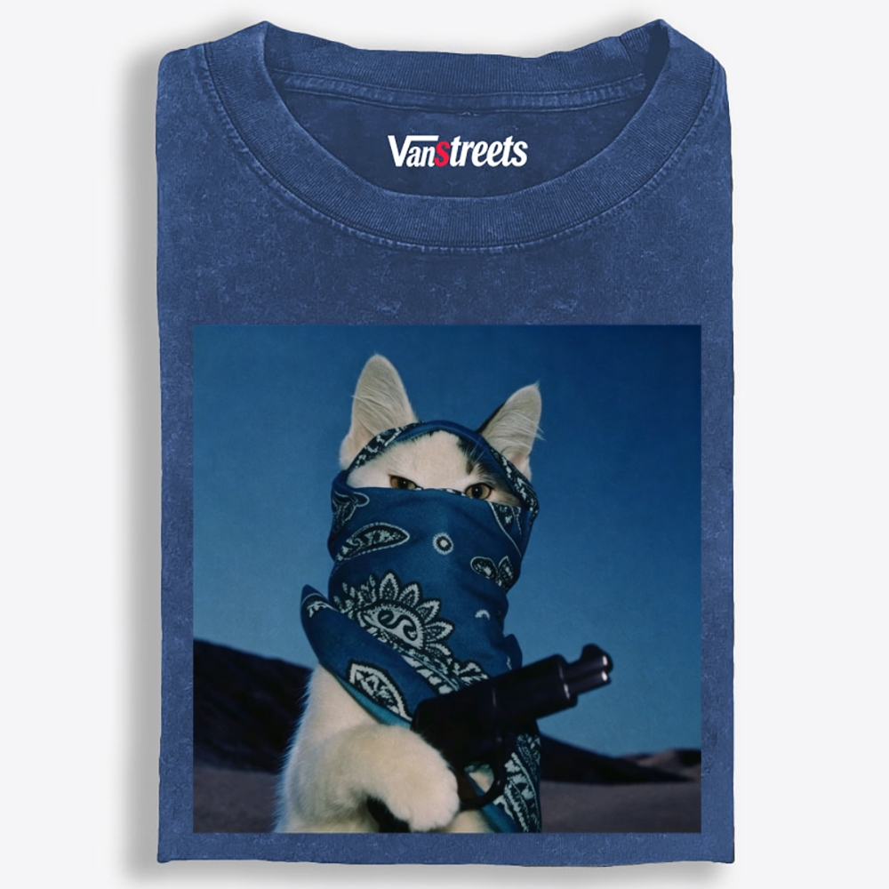 Blue Bandana Cat Graphic Washed T-Shirt | 100% Cotton | Streetwear Essential
