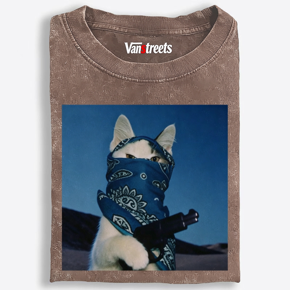 Blue Bandana Cat Graphic Washed T-Shirt | 100% Cotton | Streetwear Essential