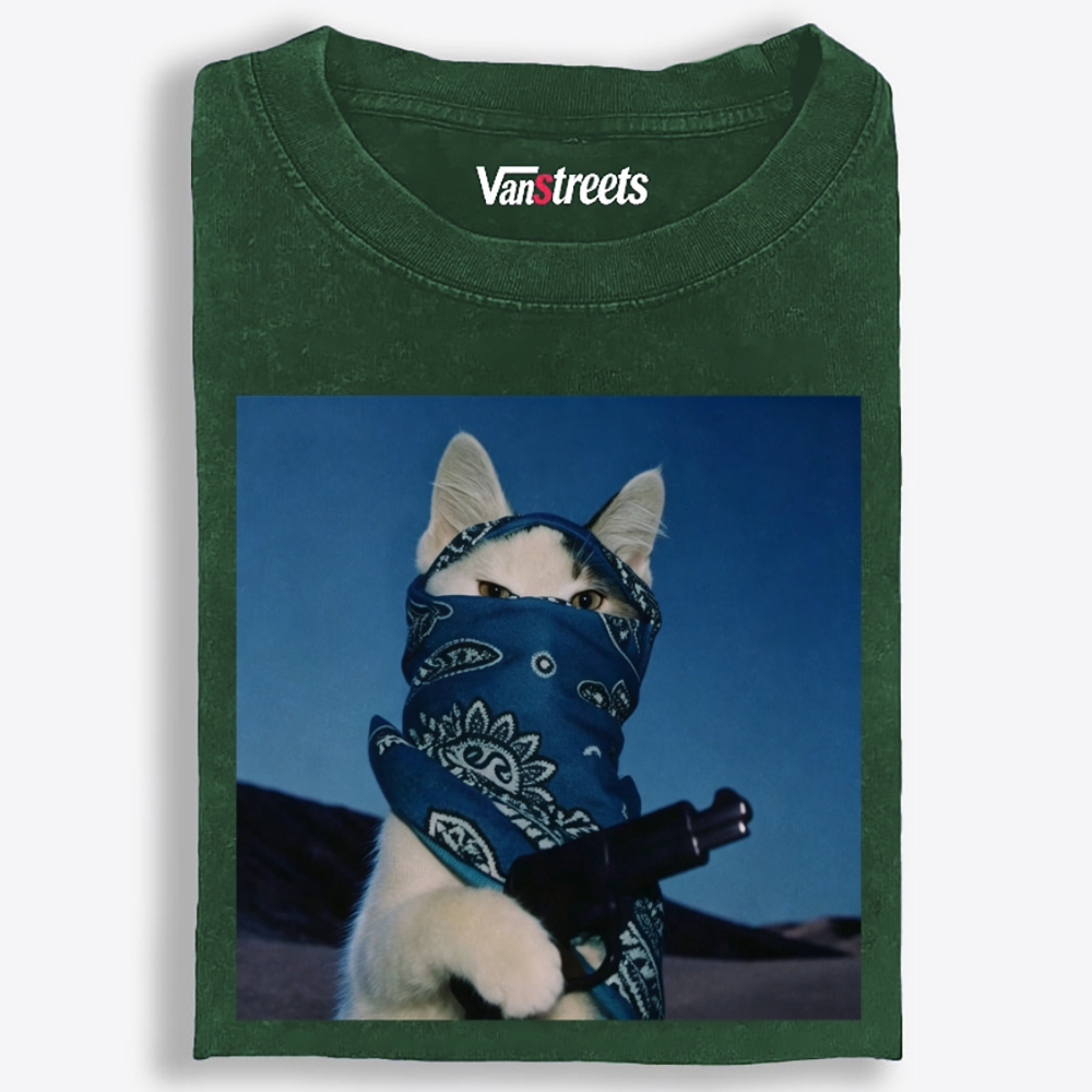 Blue Bandana Cat Graphic Washed T-Shirt | 100% Cotton | Streetwear Essential