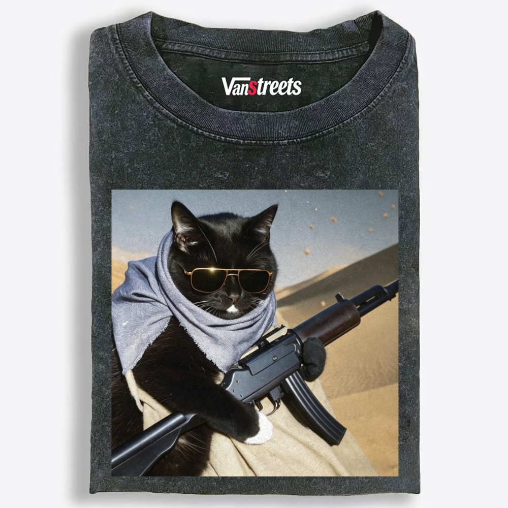 Gold Sunglasses Black Cat Oversized Washed T-Shirt | 100% Cotton | Streetwear Essential