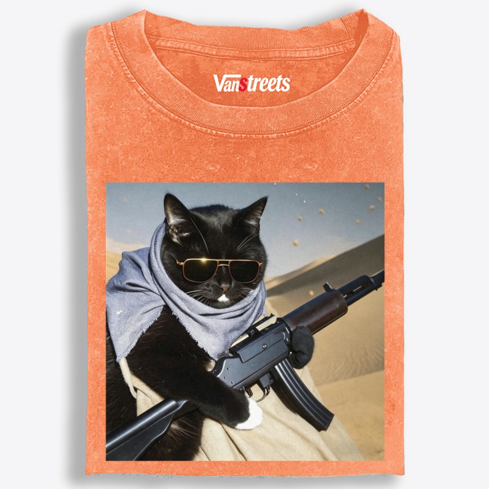 Gold Sunglasses Black Cat Oversized Washed T-Shirt | 100% Cotton | Streetwear Essential