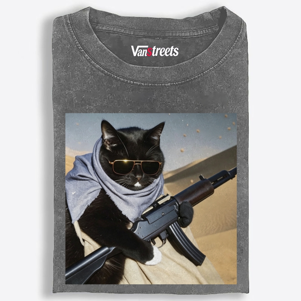 Gold Sunglasses Black Cat Oversized Washed T-Shirt | 100% Cotton | Streetwear Essential