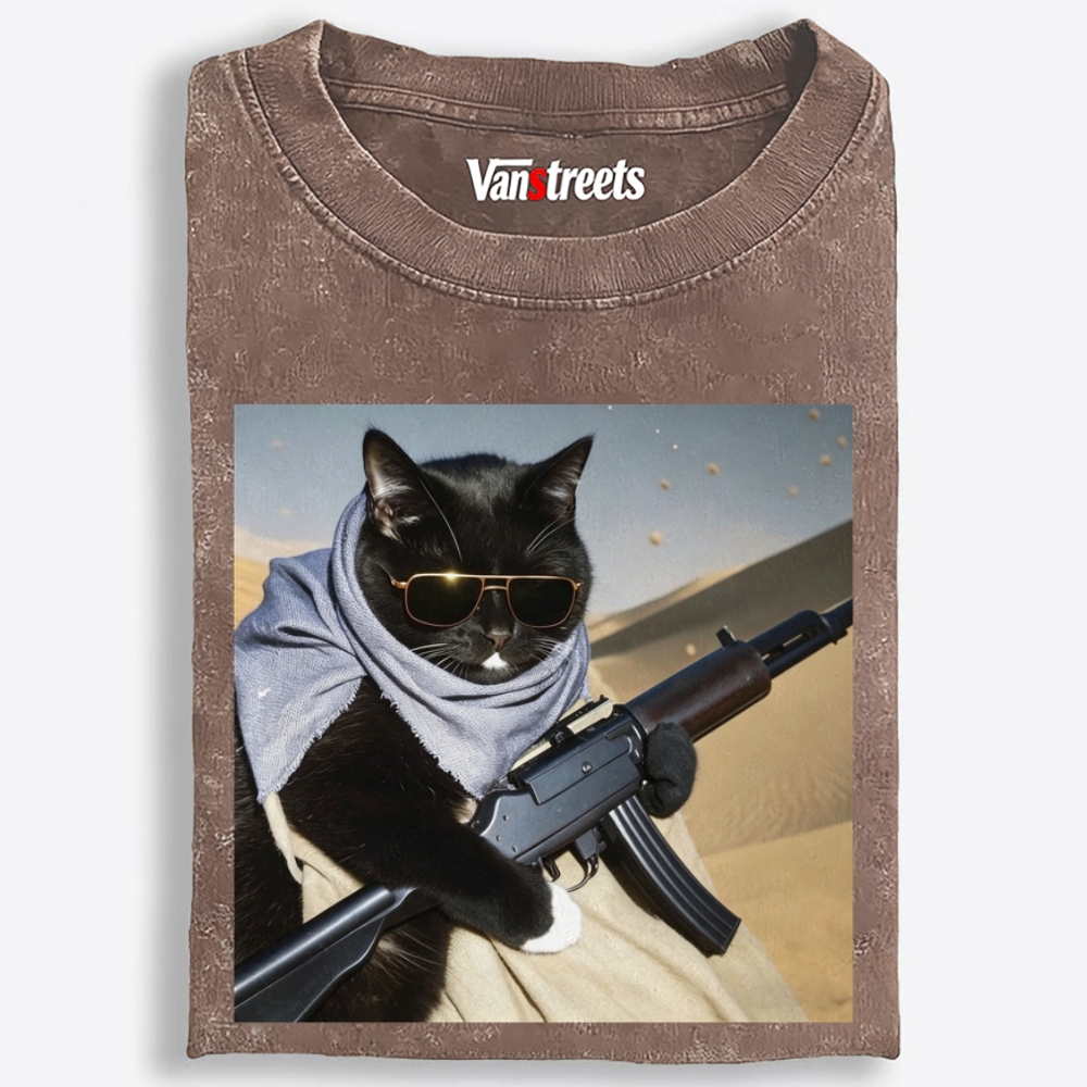 Gold Sunglasses Black Cat Oversized Washed T-Shirt | 100% Cotton | Streetwear Essential