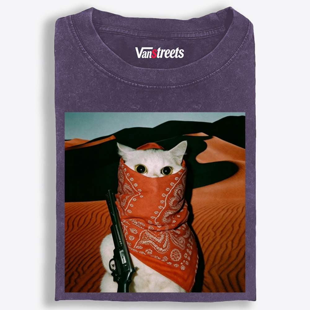 Orange Bandana White Cat Print Washed T-Shirt | 100% Cotton | Streetwear Essential