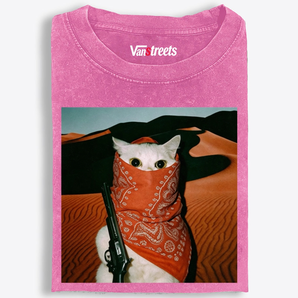Orange Bandana White Cat Print Washed T-Shirt | 100% Cotton | Streetwear Essential