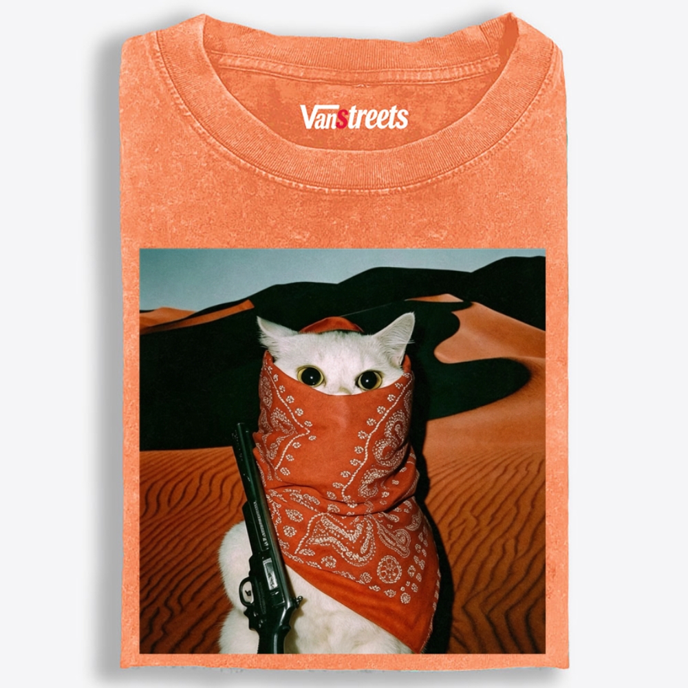 Orange Bandana White Cat Print Washed T-Shirt | 100% Cotton | Streetwear Essential