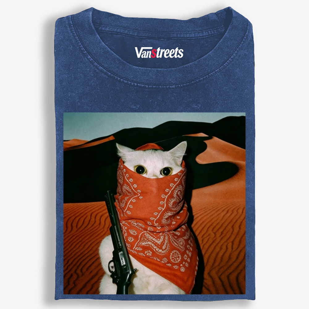 Orange Bandana White Cat Print Washed T-Shirt | 100% Cotton | Streetwear Essential