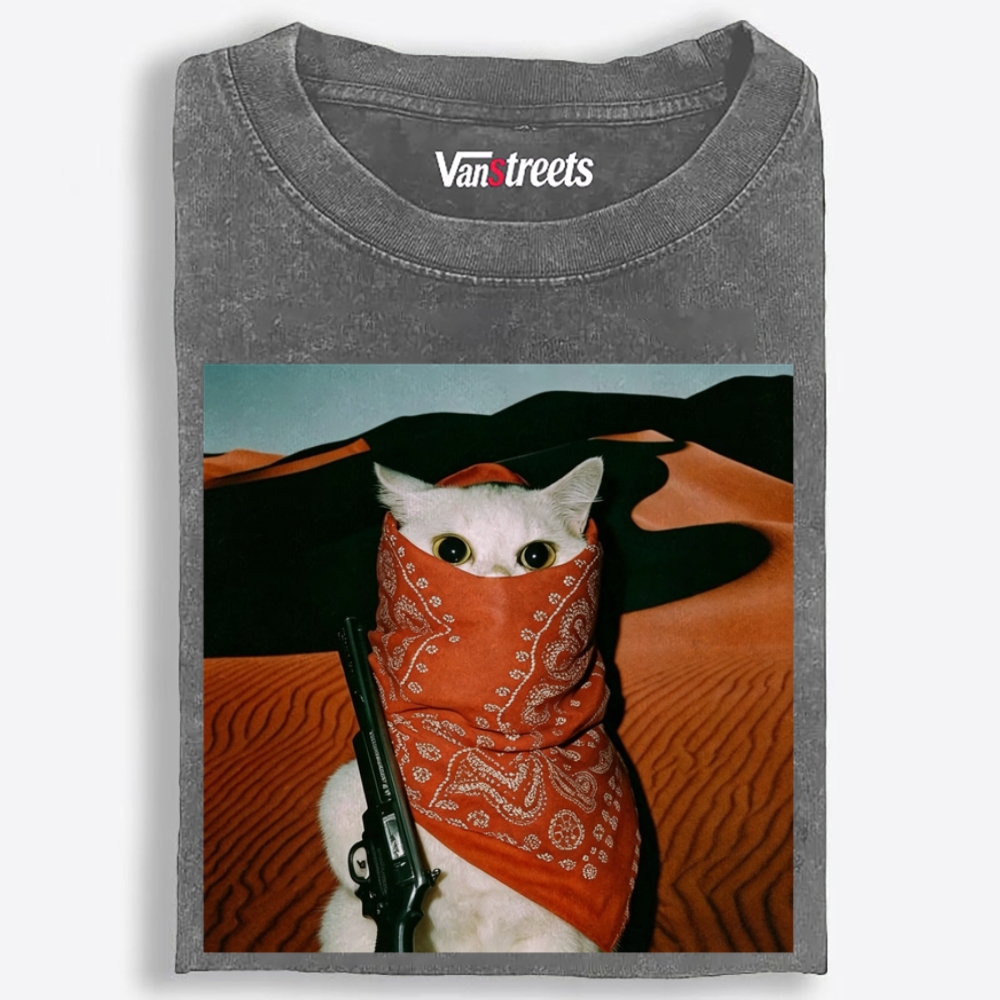 Orange Bandana White Cat Print Washed T-Shirt | 100% Cotton | Streetwear Essential