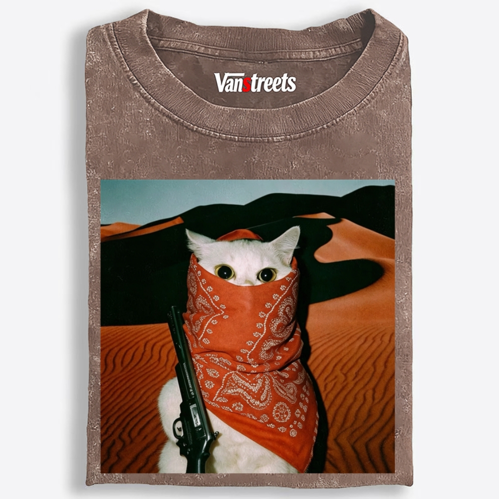 Orange Bandana White Cat Print Washed T-Shirt | 100% Cotton | Streetwear Essential
