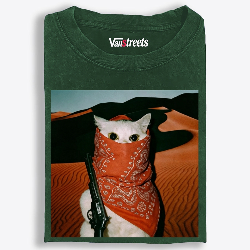Orange Bandana White Cat Print Washed T-Shirt | 100% Cotton | Streetwear Essential