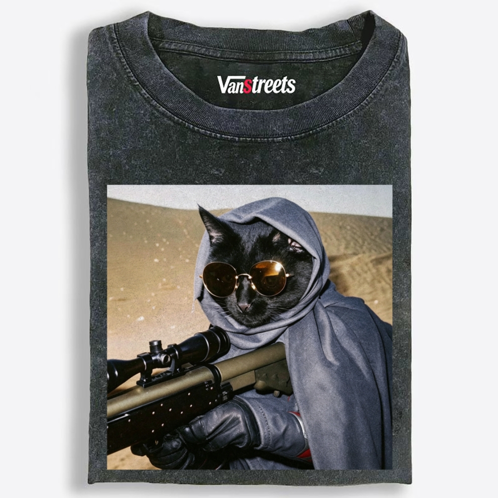 Sniper Black Cat Graphic Washed T-Shirt | 100% Cotton | Streetwear Essential
