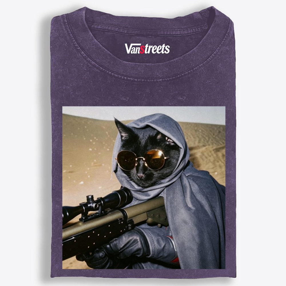 Sniper Black Cat Graphic Washed T-Shirt | 100% Cotton | Streetwear Essential