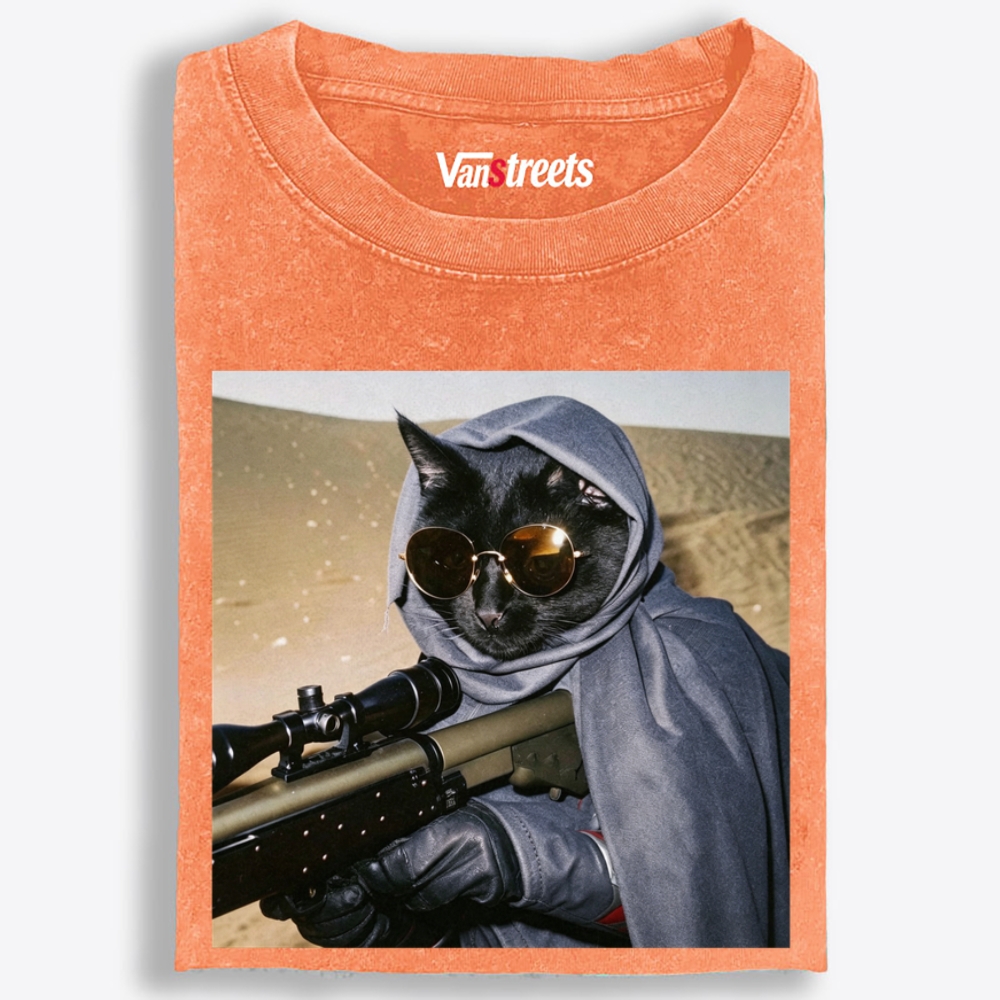Sniper Black Cat Graphic Washed T-Shirt | 100% Cotton | Streetwear Essential