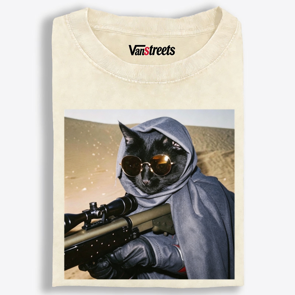 Sniper Black Cat Graphic Washed T-Shirt | 100% Cotton | Streetwear Essential