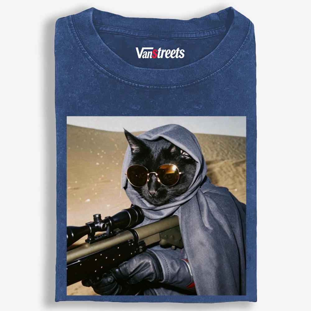 Sniper Black Cat Graphic Washed T-Shirt | 100% Cotton | Streetwear Essential