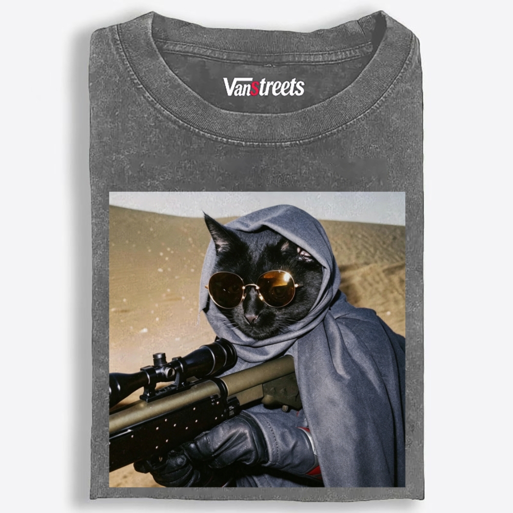 Sniper Black Cat Graphic Washed T-Shirt | 100% Cotton | Streetwear Essential