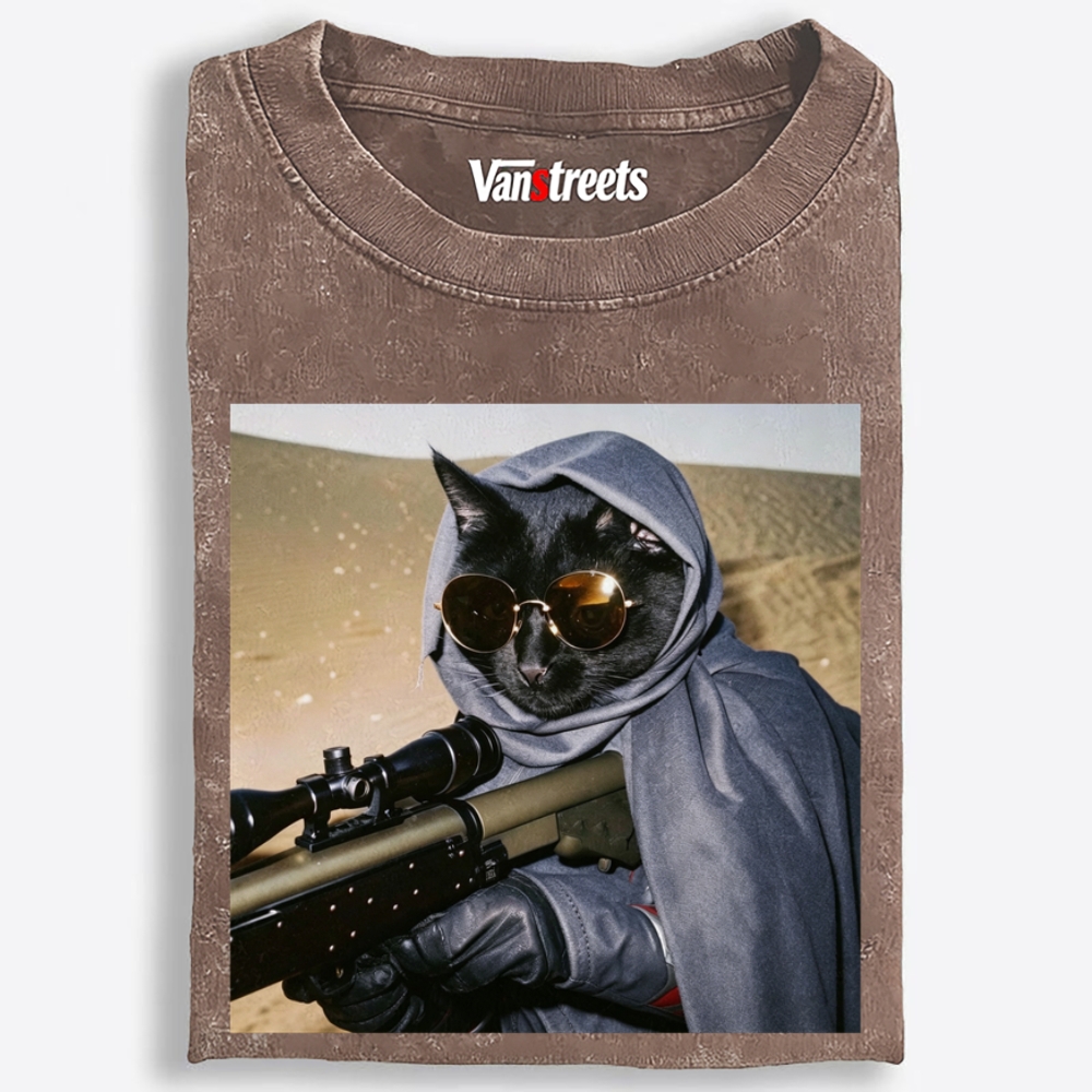 Sniper Black Cat Graphic Washed T-Shirt | 100% Cotton | Streetwear Essential