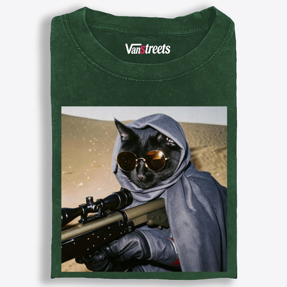 Sniper Black Cat Graphic Washed T-Shirt | 100% Cotton | Streetwear Essential