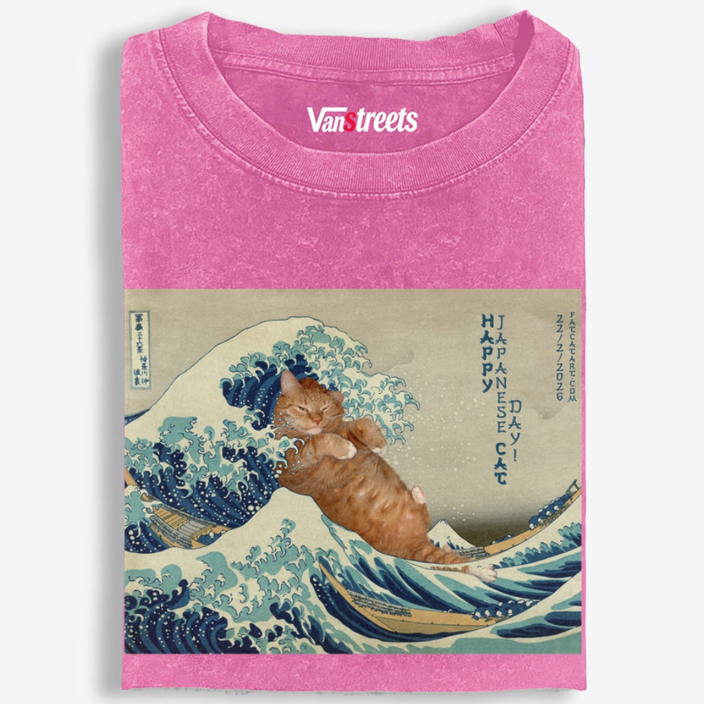 Cat on the Wave Retro Washed T-Shirt | 100% Cotton | Streetwear Essential