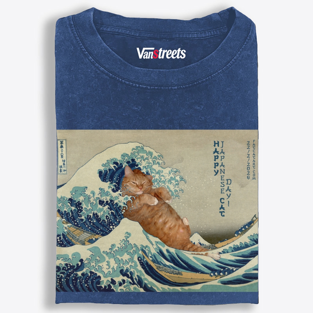 Cat on the Wave Retro Washed T-Shirt | 100% Cotton | Streetwear Essential