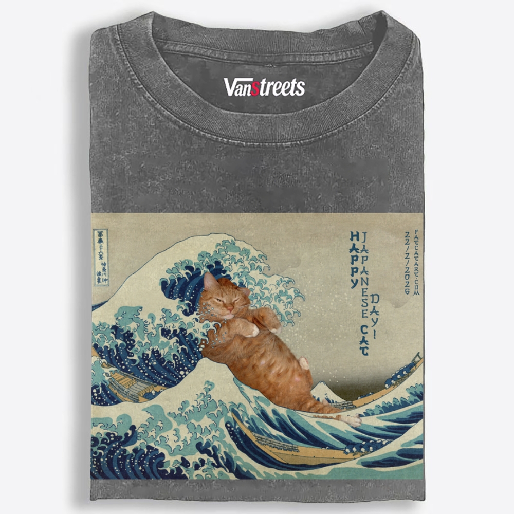 Cat on the Wave Retro Washed T-Shirt | 100% Cotton | Streetwear Essential
