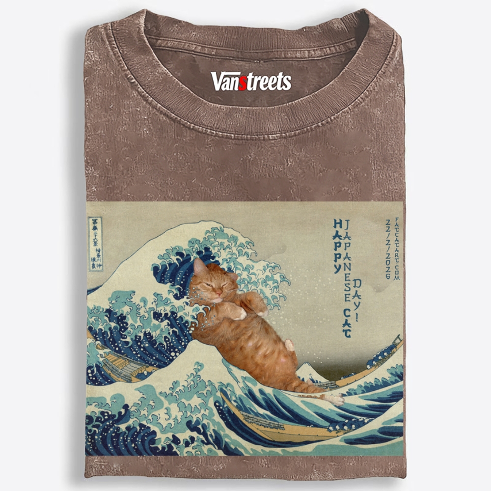 Cat on the Wave Retro Washed T-Shirt | 100% Cotton | Streetwear Essential
