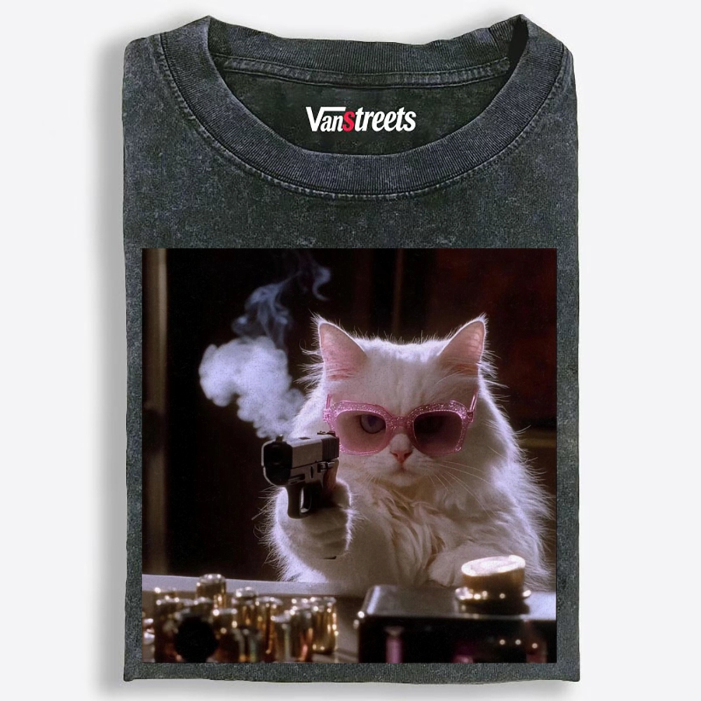 Sunglasses Gun Cat Retro Washed T-Shirt | 100% Cotton | Streetwear Essential
