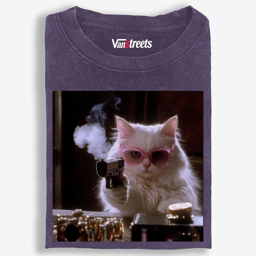 Sunglasses Gun Cat Retro Washed T-Shirt | 100% Cotton | Streetwear Essential