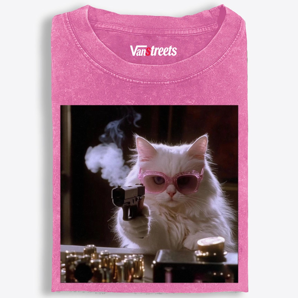 Sunglasses Gun Cat Retro Washed T-Shirt | 100% Cotton | Streetwear Essential
