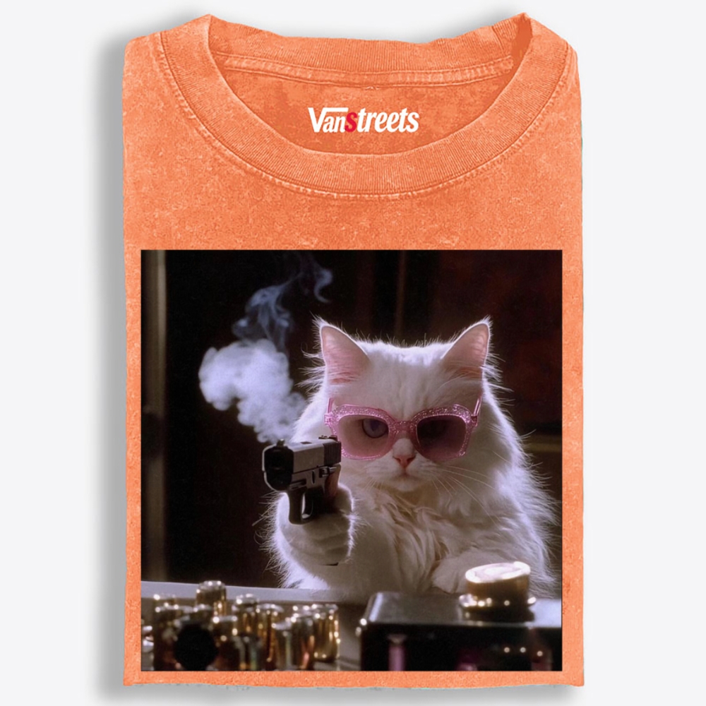 Sunglasses Gun Cat Retro Washed T-Shirt | 100% Cotton | Streetwear Essential