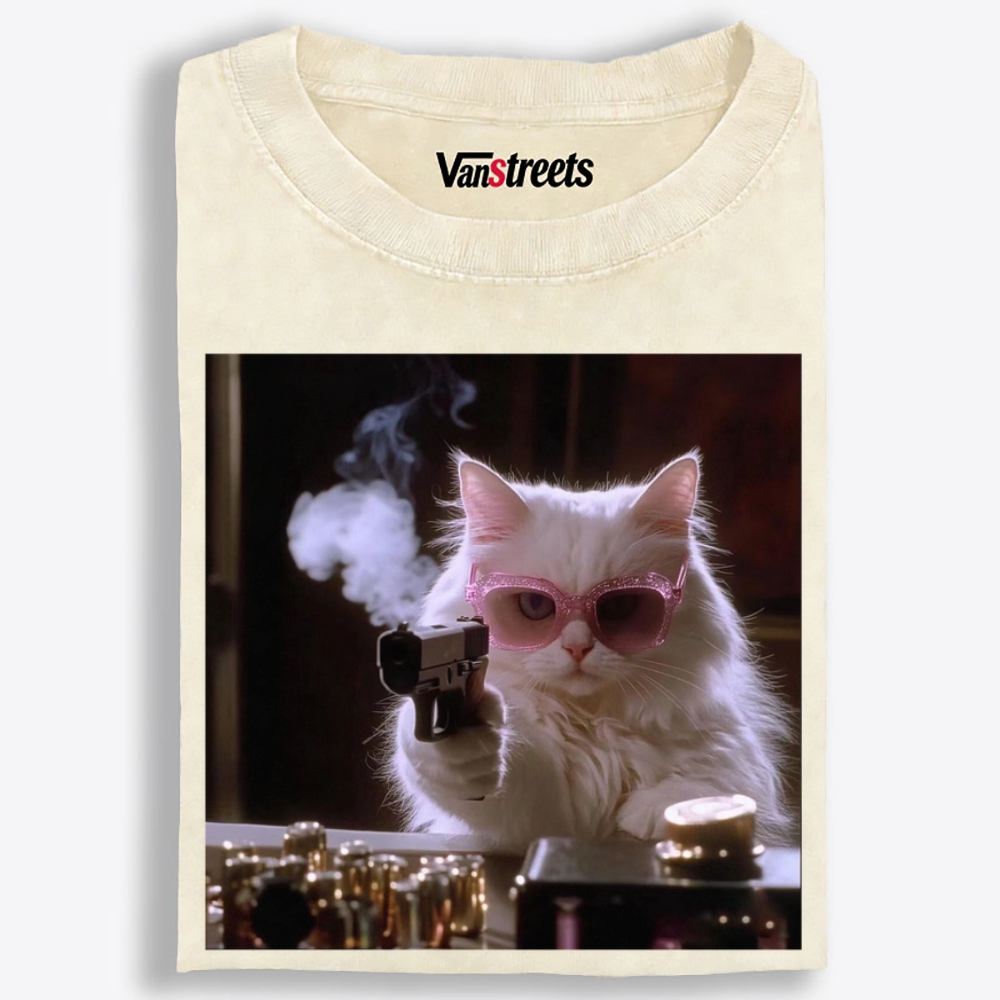 Sunglasses Gun Cat Retro Washed T-Shirt | 100% Cotton | Streetwear Essential