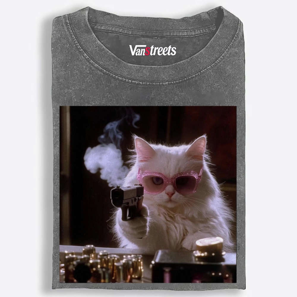 Sunglasses Gun Cat Retro Washed T-Shirt | 100% Cotton | Streetwear Essential