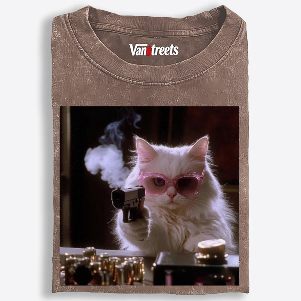 Sunglasses Gun Cat Retro Washed T-Shirt | 100% Cotton | Streetwear Essential