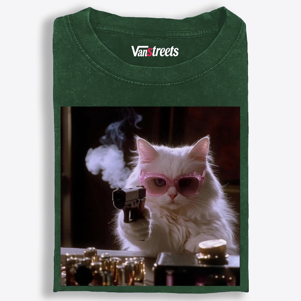 Sunglasses Gun Cat Retro Washed T-Shirt | 100% Cotton | Streetwear Essential