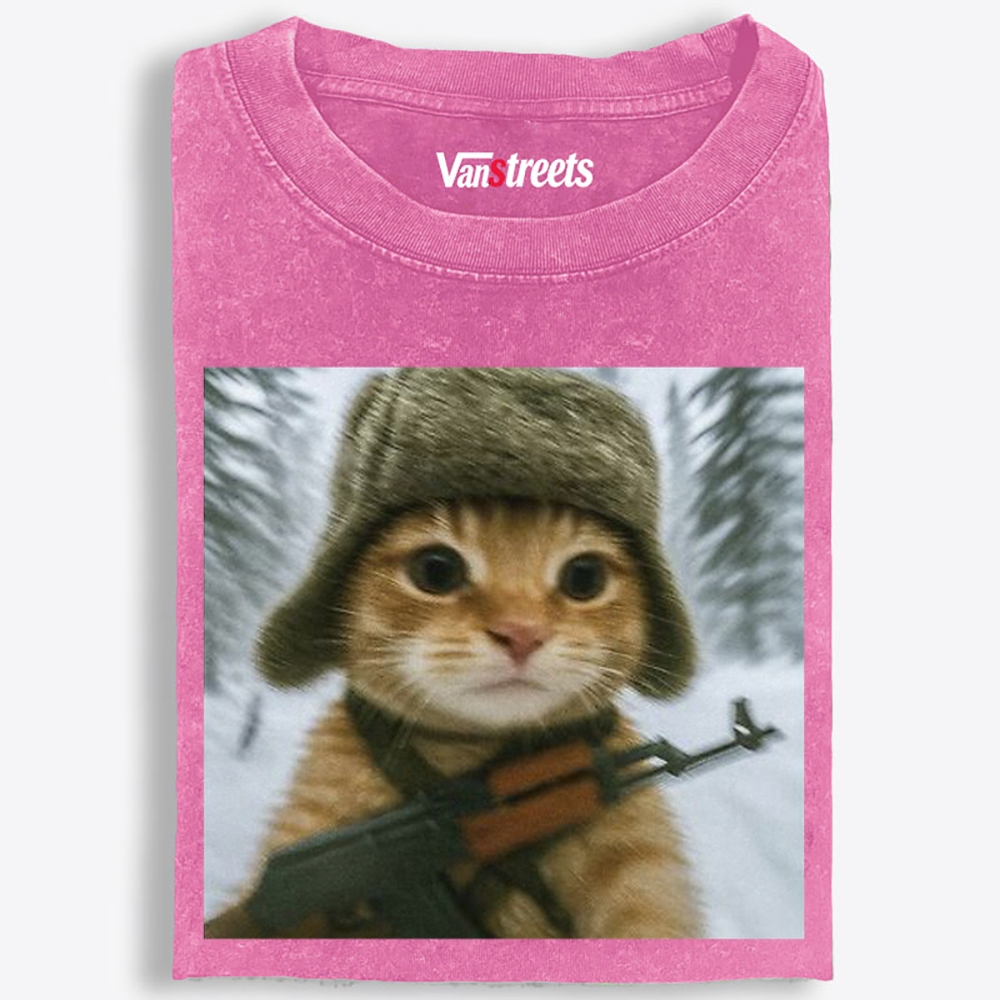 Armed Snow Cat Retro Washed T-Shirt | 100% Cotton | Streetwear Essential