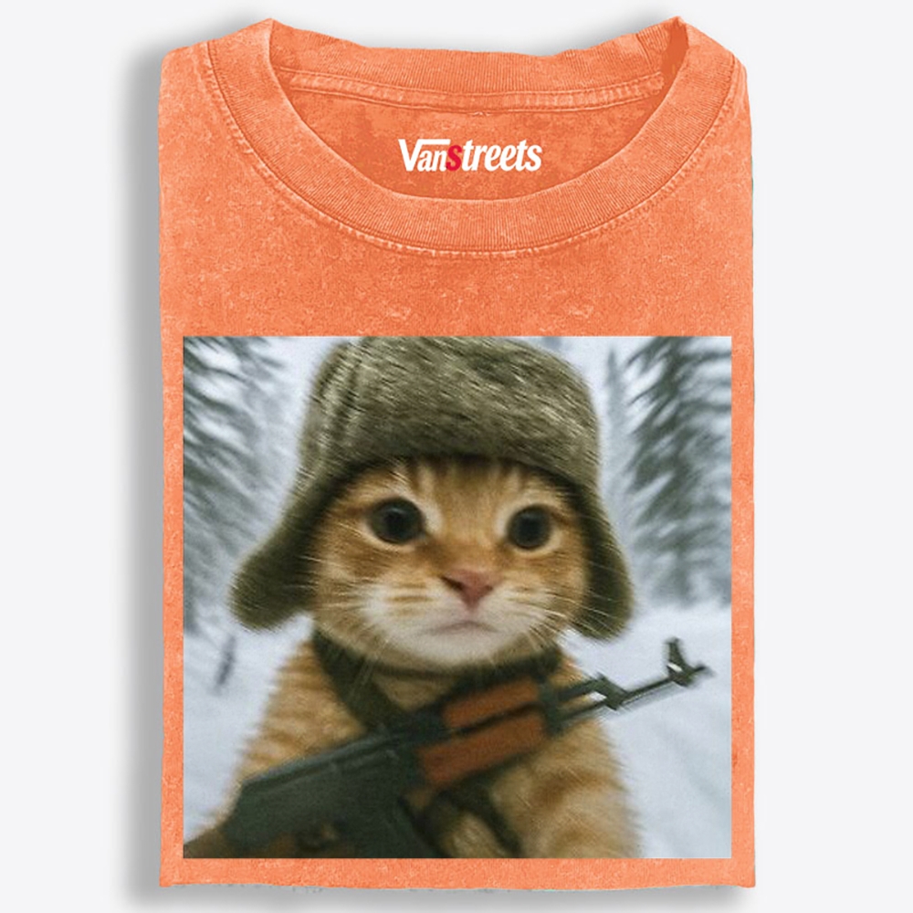 Armed Snow Cat Retro Washed T-Shirt | 100% Cotton | Streetwear Essential
