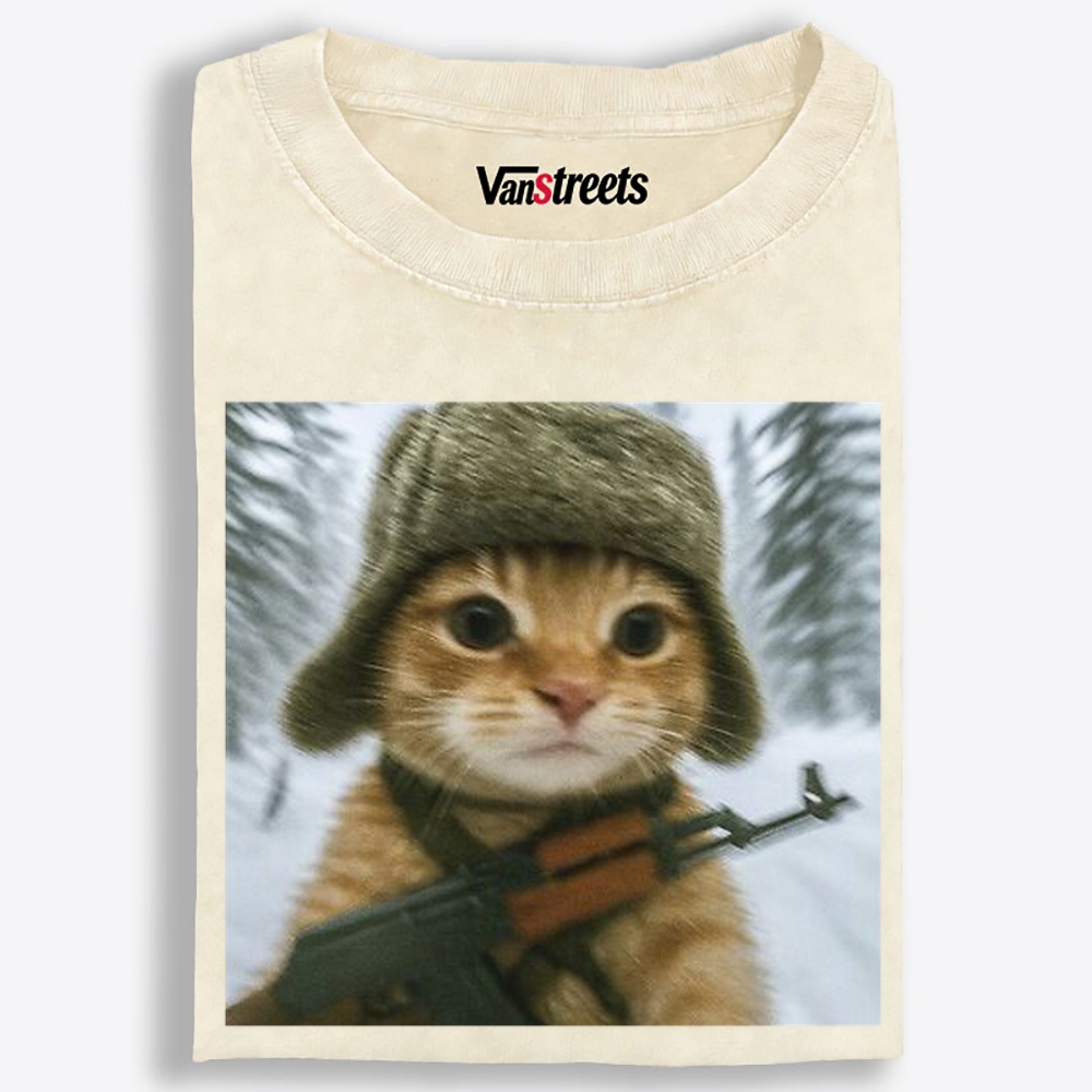 Armed Snow Cat Retro Washed T-Shirt | 100% Cotton | Streetwear Essential