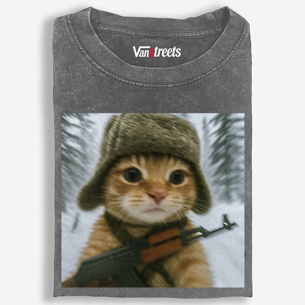 Armed Snow Cat Retro Washed T-Shirt | 100% Cotton | Streetwear Essential
