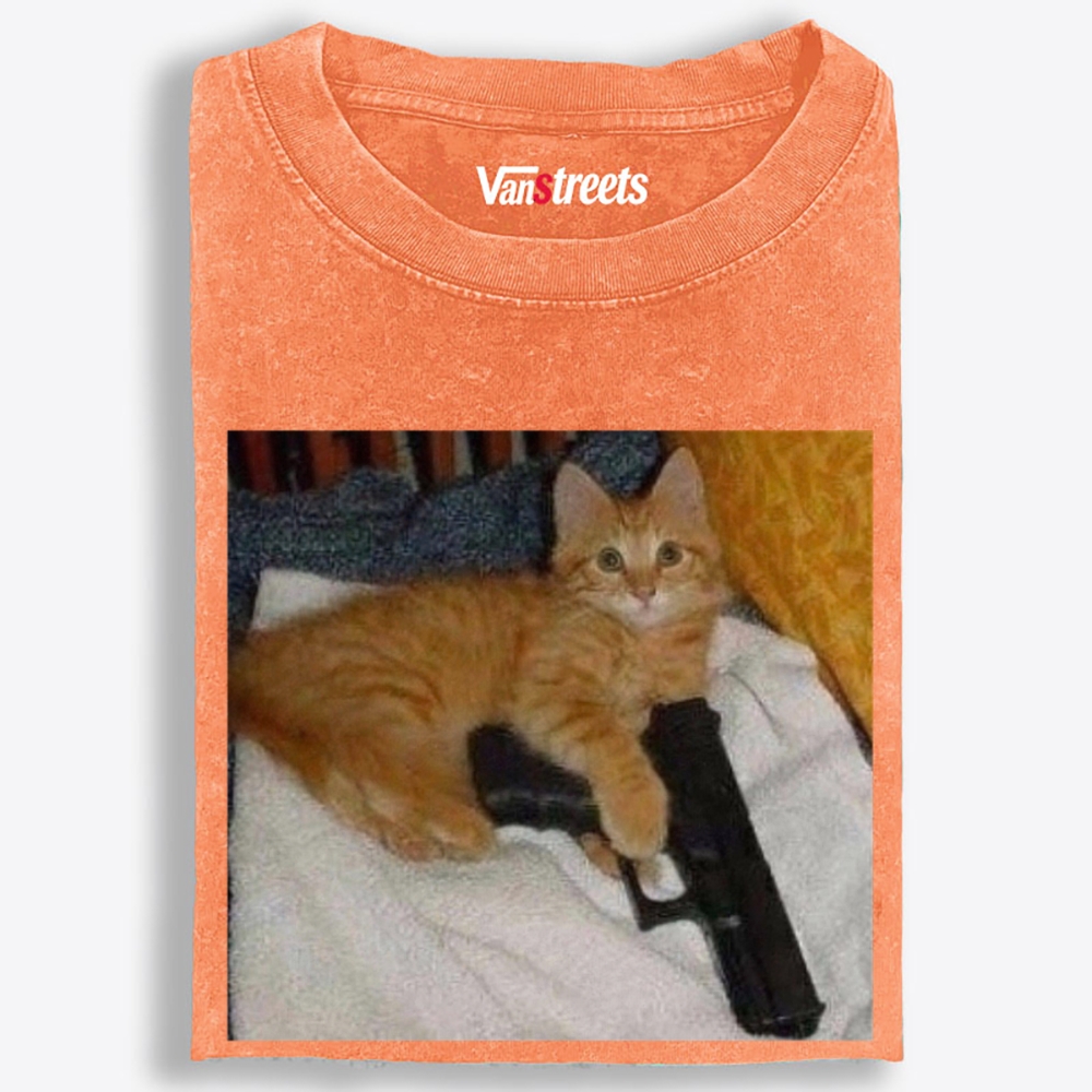 Gun Orange Cat Retro Washed T-Shirt | 100% Cotton | Streetwear Essential