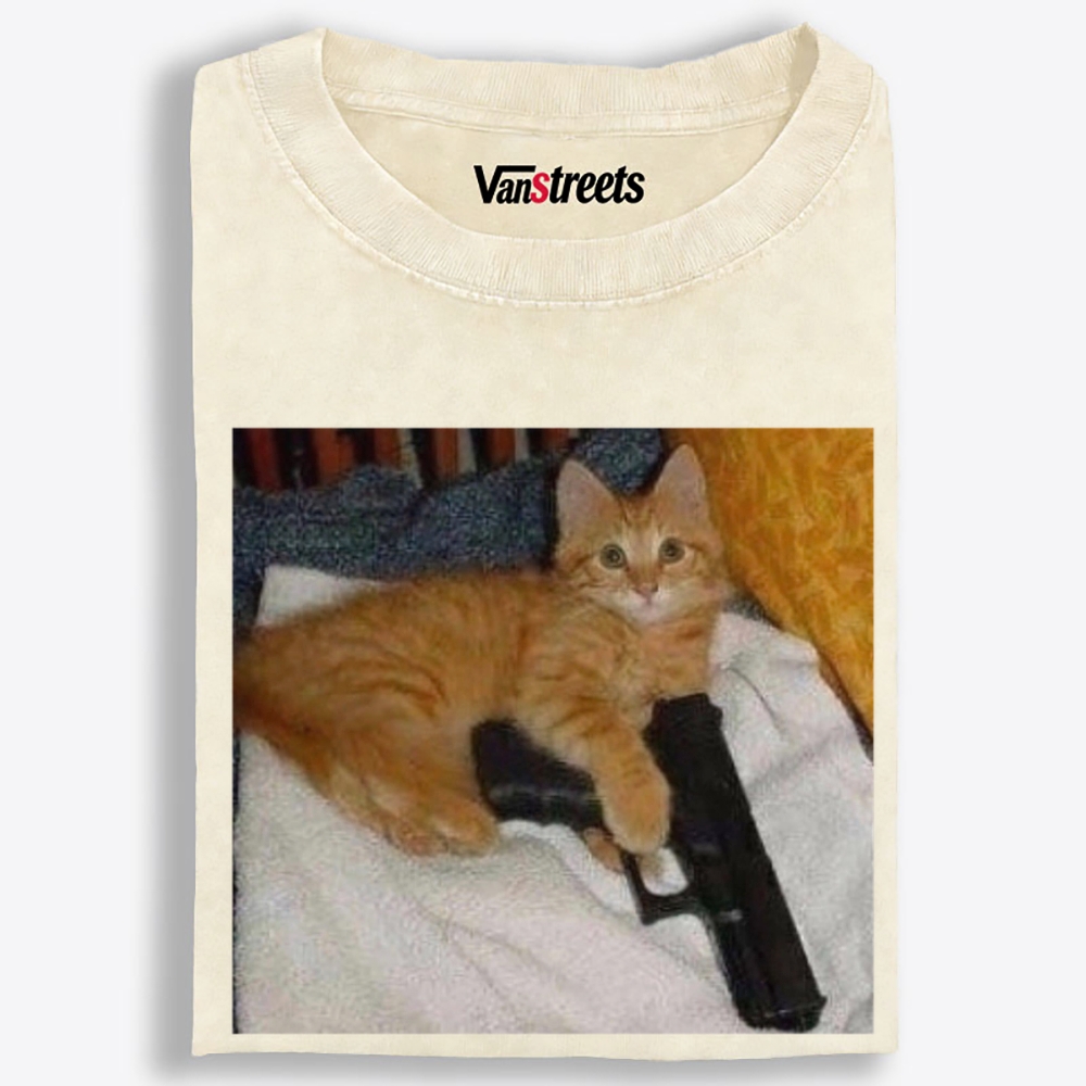 Gun Orange Cat Retro Washed T-Shirt | 100% Cotton | Streetwear Essential