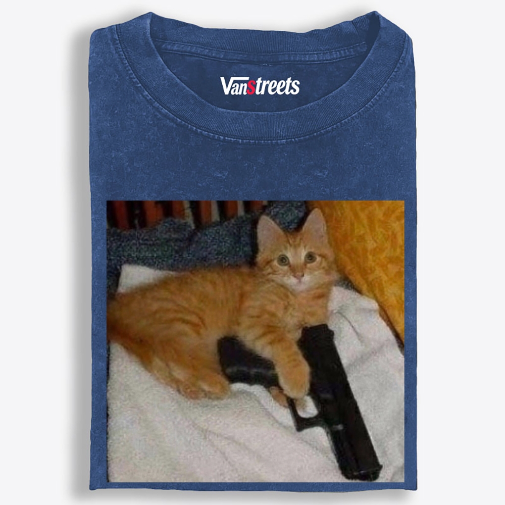 Gun Orange Cat Retro Washed T-Shirt | 100% Cotton | Streetwear Essential