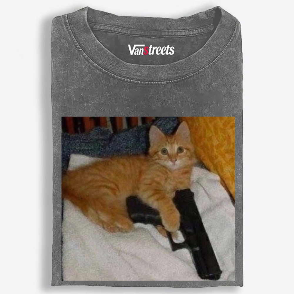 Gun Orange Cat Retro Washed T-Shirt | 100% Cotton | Streetwear Essential